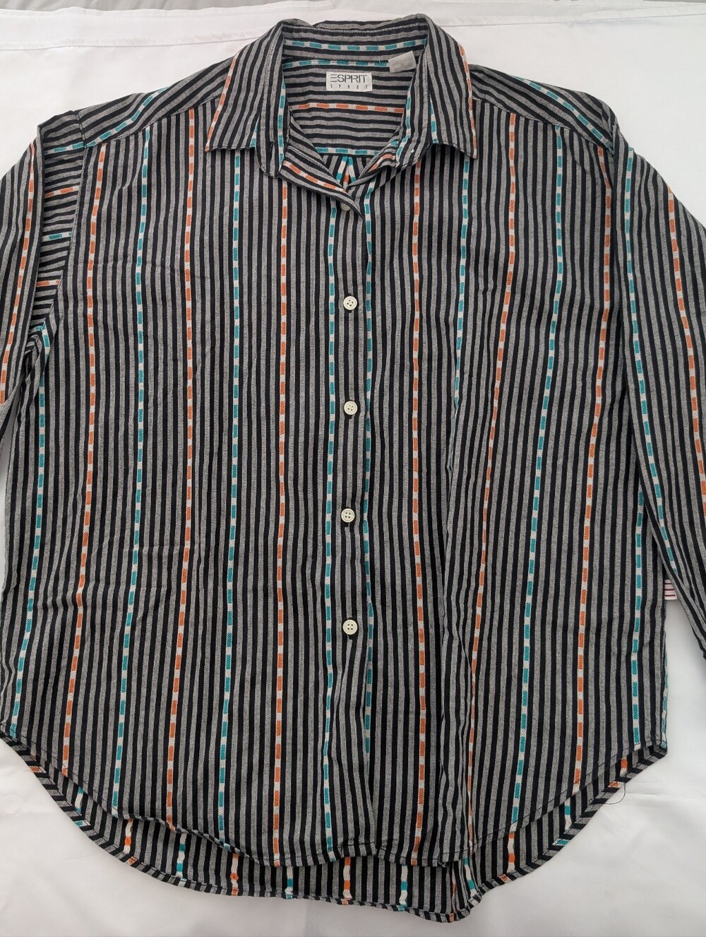Vintage Esprit Black Striped Button-Down Shirt with Teal & Orange Stripes